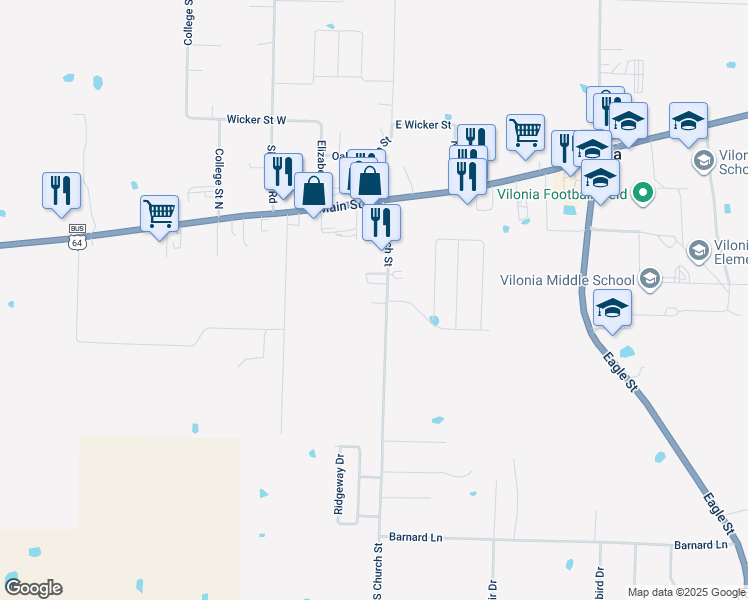 map of restaurants, bars, coffee shops, grocery stores, and more near 28c South Church Street in Vilonia