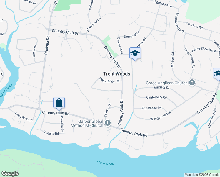 map of restaurants, bars, coffee shops, grocery stores, and more near 402 Fairway Drive in Trent Woods