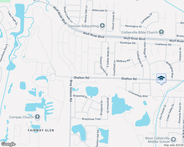 map of restaurants, bars, coffee shops, grocery stores, and more near 1479 Barton Creek Drive in Collierville