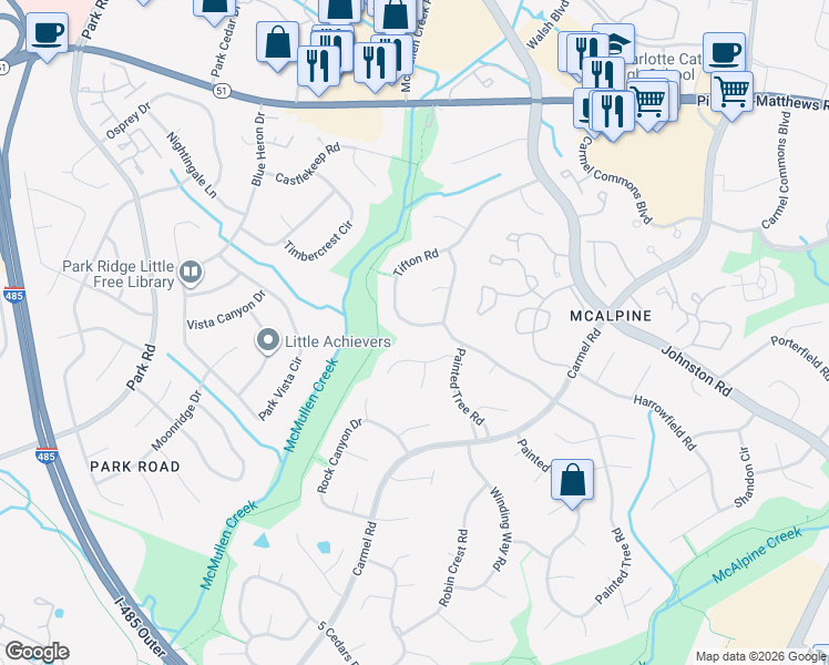 map of restaurants, bars, coffee shops, grocery stores, and more near 8412 Tifton Road in Charlotte