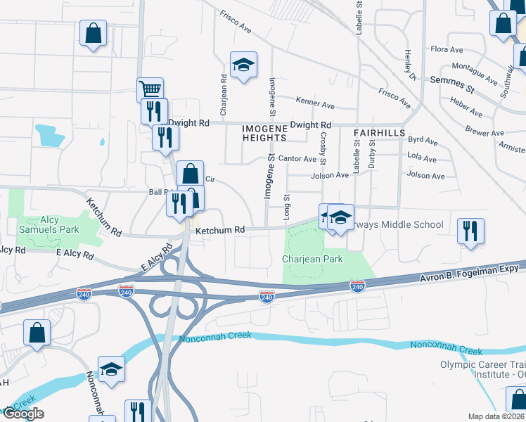 map of restaurants, bars, coffee shops, grocery stores, and more near 2371 Imogene Street in Memphis
