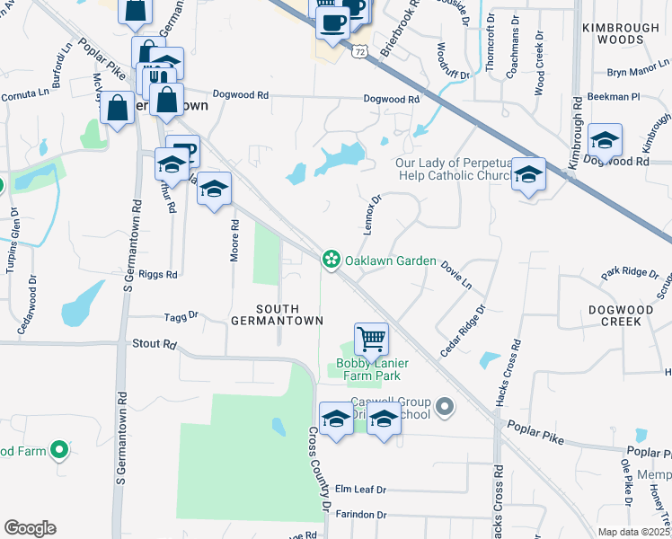 map of restaurants, bars, coffee shops, grocery stores, and more near Poplar Pike in Memphis