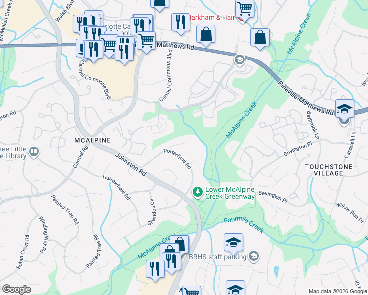 map of restaurants, bars, coffee shops, grocery stores, and more near 11828 Post Ridge Court in Charlotte