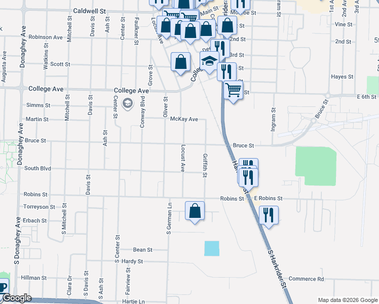 map of restaurants, bars, coffee shops, grocery stores, and more near 302 Locust Street in Conway