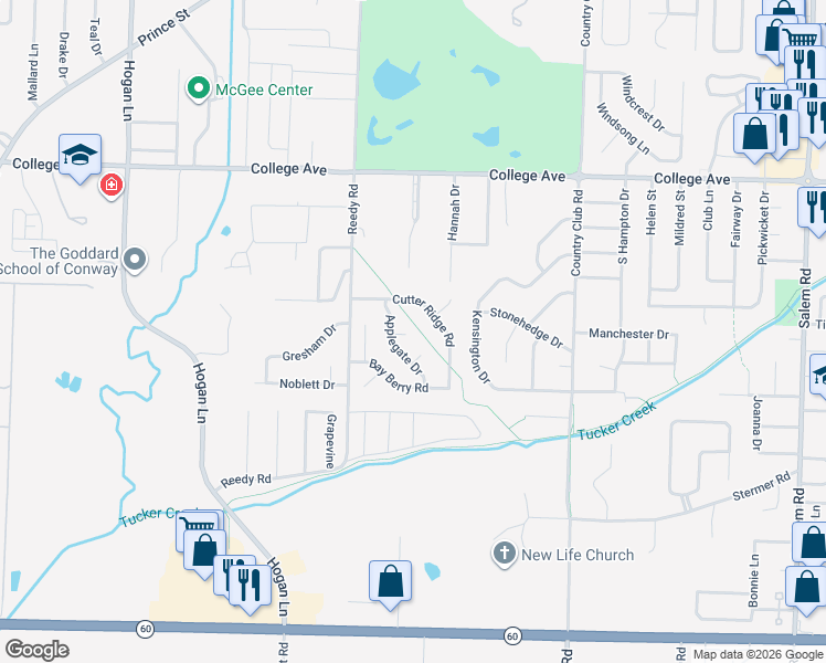 map of restaurants, bars, coffee shops, grocery stores, and more near 3530 Copperwood Circle in Conway