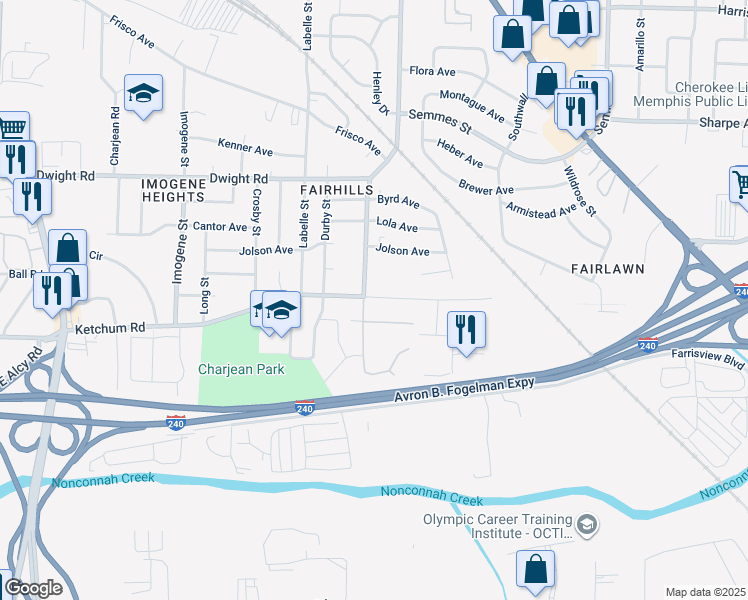map of restaurants, bars, coffee shops, grocery stores, and more near 2740 Ketchum Road in Memphis