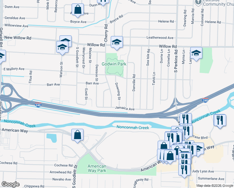 map of restaurants, bars, coffee shops, grocery stores, and more near 1877 Downing Street in Memphis