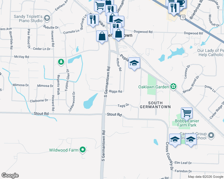 map of restaurants, bars, coffee shops, grocery stores, and more near 7556 Riggs Road in Germantown