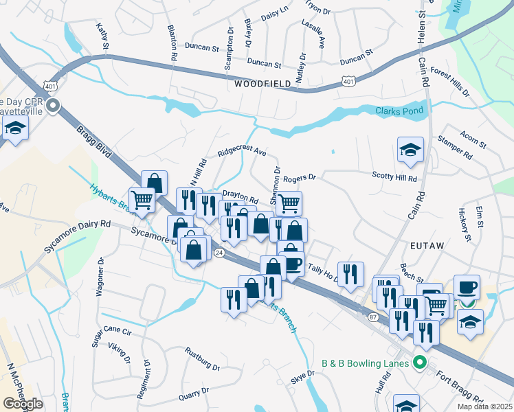 map of restaurants, bars, coffee shops, grocery stores, and more near 3509 Drayton Road in Fayetteville