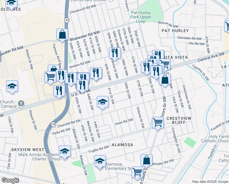 map of restaurants, bars, coffee shops, grocery stores, and more near 5941 Lucca Avenue Southwest in Albuquerque