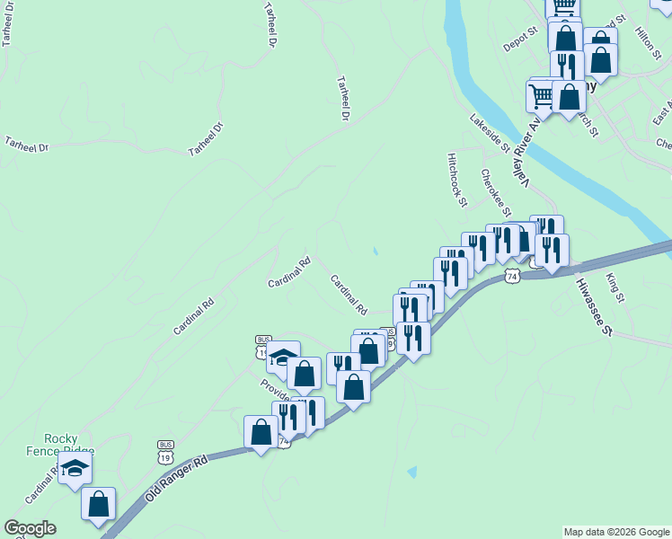 map of restaurants, bars, coffee shops, grocery stores, and more near 318 Cardinal Road in Murphy