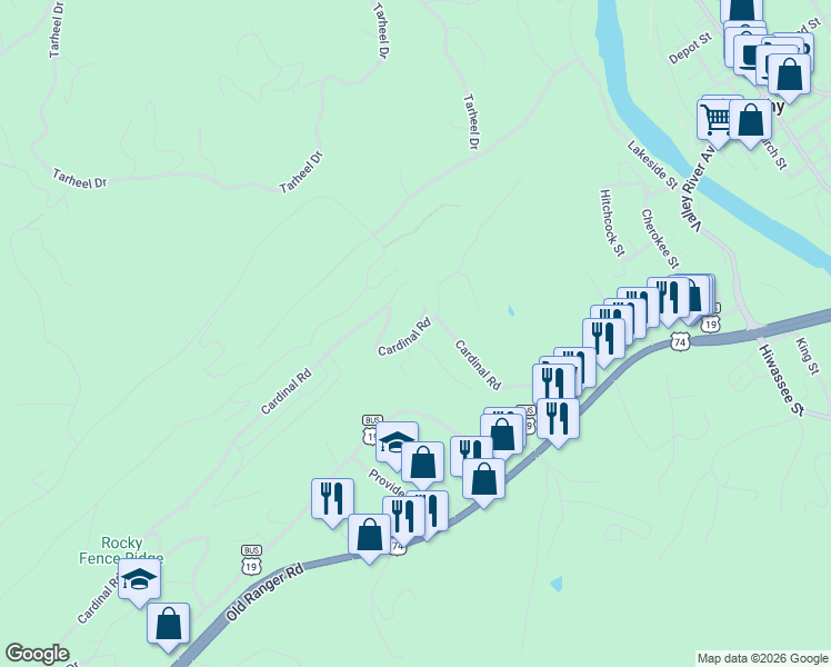 map of restaurants, bars, coffee shops, grocery stores, and more near 422 Cardinal Road in Murphy