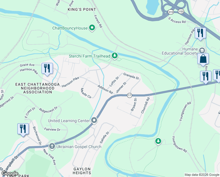 map of restaurants, bars, coffee shops, grocery stores, and more near 2929 Addison Road in Chattanooga