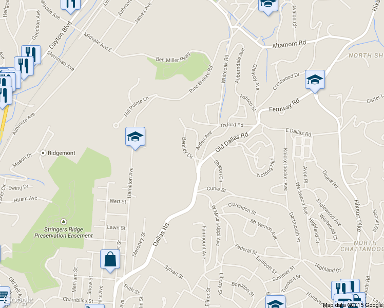 map of restaurants, bars, coffee shops, grocery stores, and more near 1602 Berkley Circle in Chattanooga