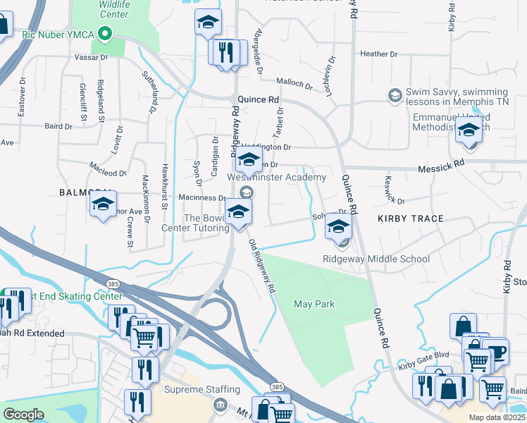 map of restaurants, bars, coffee shops, grocery stores, and more near 2509 Tarbet Drive in Memphis
