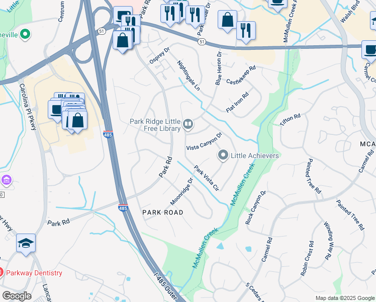 map of restaurants, bars, coffee shops, grocery stores, and more near 7701 Park Vista Circle in Charlotte