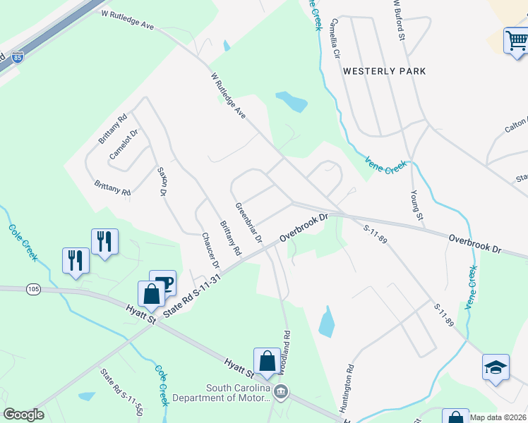 map of restaurants, bars, coffee shops, grocery stores, and more near 110 Westland Dr in Gaffney