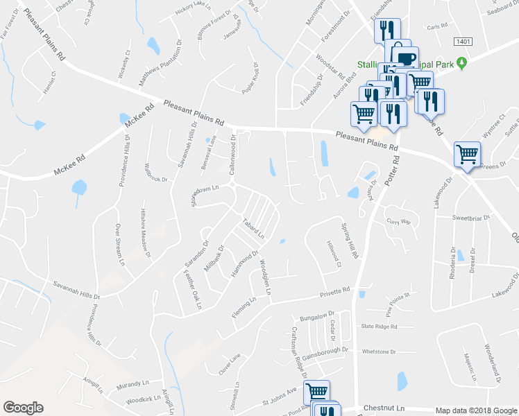 map of restaurants, bars, coffee shops, grocery stores, and more near 1132 Drummond Lane in Matthews