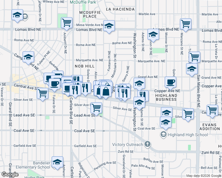 map of restaurants, bars, coffee shops, grocery stores, and more near 4012 Ridgeley Avenue Northeast in Albuquerque