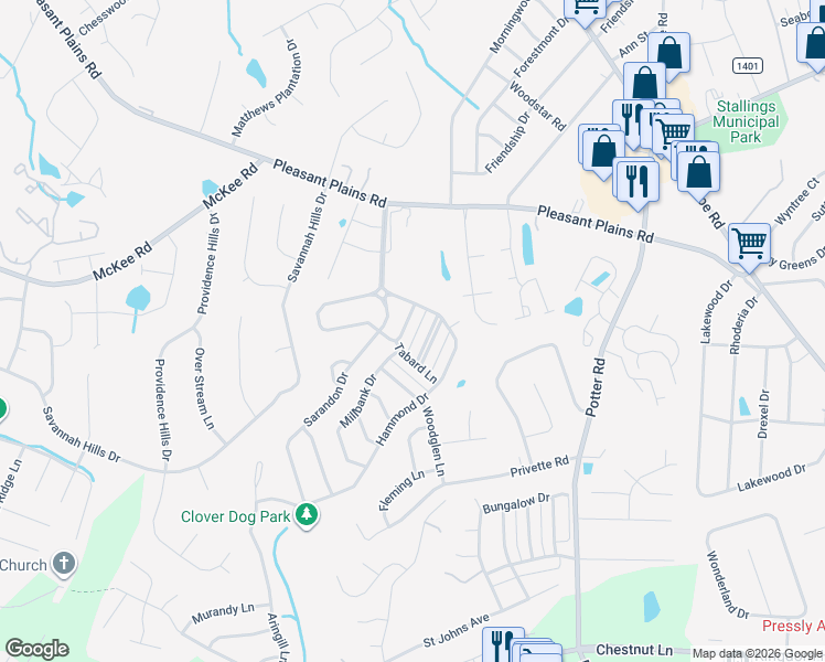 map of restaurants, bars, coffee shops, grocery stores, and more near 1432 Stonedown Lane in Matthews