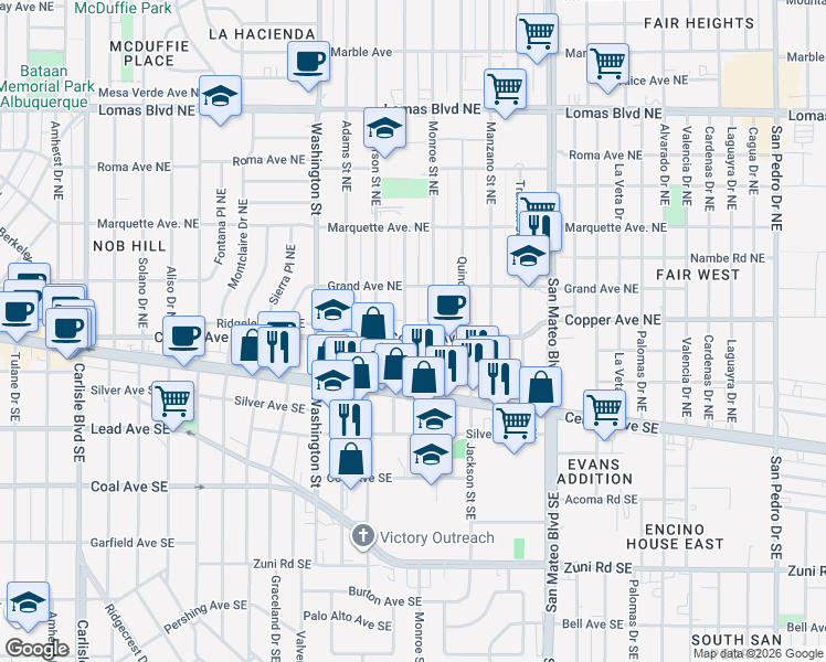 map of restaurants, bars, coffee shops, grocery stores, and more near 202 Madison Street Northeast in Albuquerque