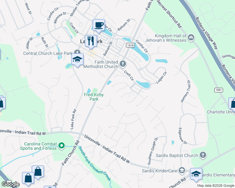 map of restaurants, bars, coffee shops, grocery stores, and more near 3609 Iris Street in Indian Trail