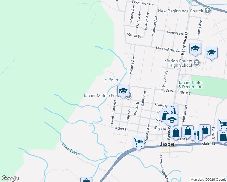 map of restaurants, bars, coffee shops, grocery stores, and more near 609 Cumberland Avenue in Jasper