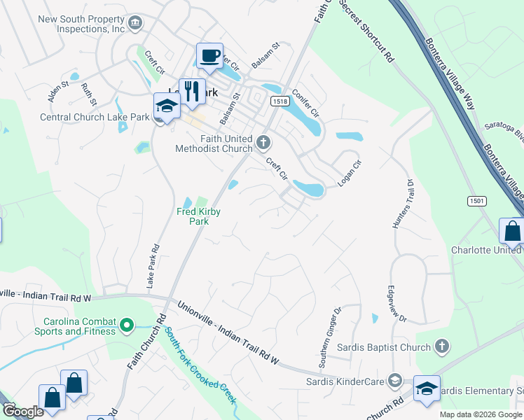 map of restaurants, bars, coffee shops, grocery stores, and more near 3609 Iris Street in Indian Trail