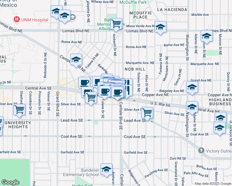 map of restaurants, bars, coffee shops, grocery stores, and more near 3712 Campus Boulevard in Albuquerque