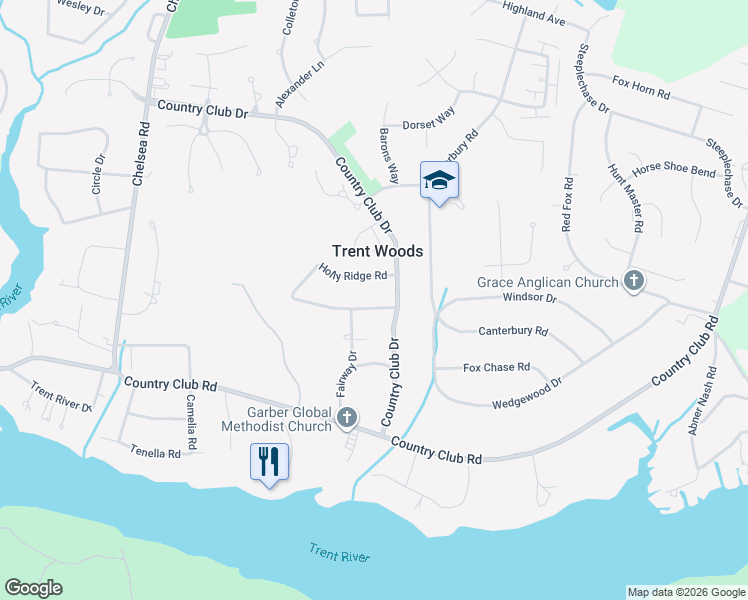 map of restaurants, bars, coffee shops, grocery stores, and more near 4104 Norman Road in Trent Woods