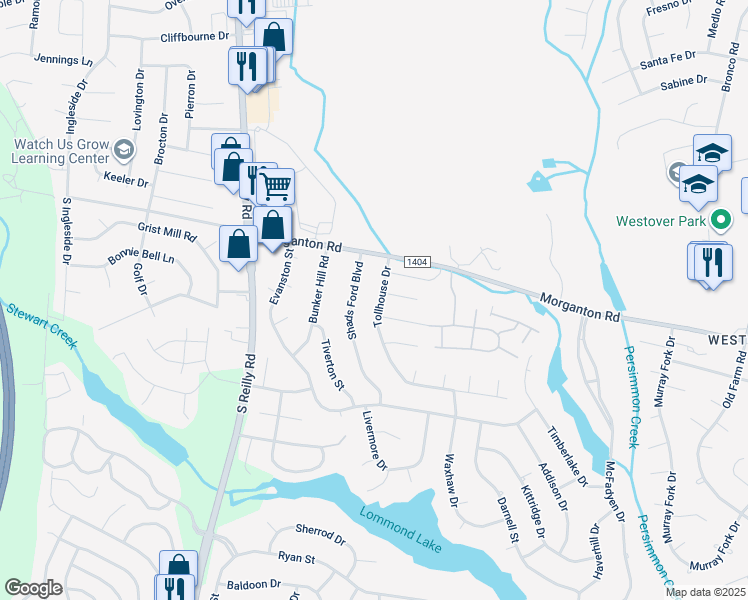 map of restaurants, bars, coffee shops, grocery stores, and more near 7241 Tollhouse Drive in Fayetteville