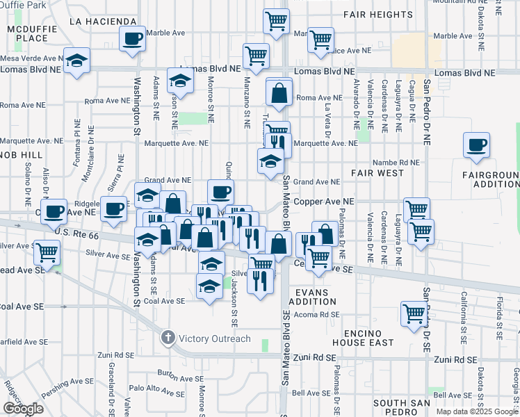 map of restaurants, bars, coffee shops, grocery stores, and more near 5101 Copper Avenue Northeast in Albuquerque