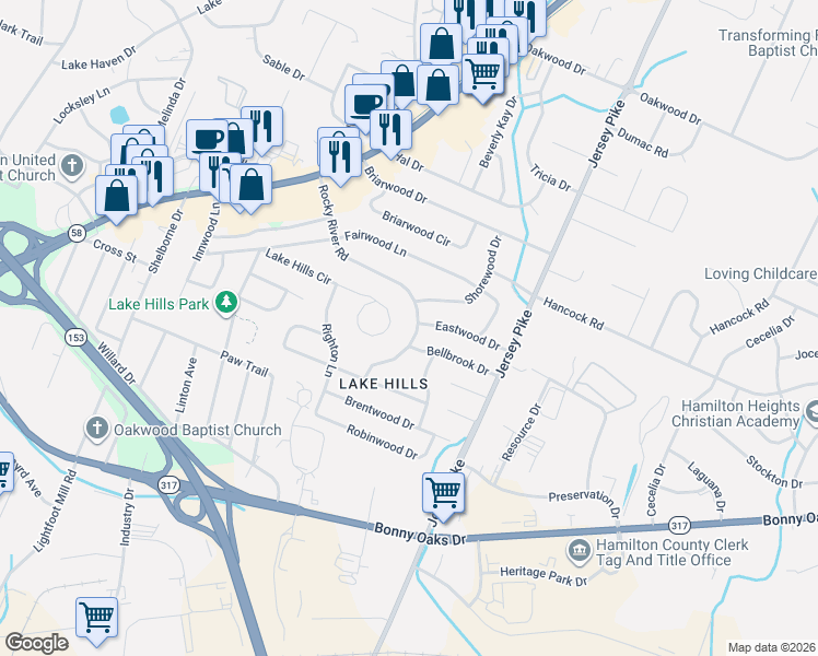 map of restaurants, bars, coffee shops, grocery stores, and more near 4730 Rocky River Road in Chattanooga