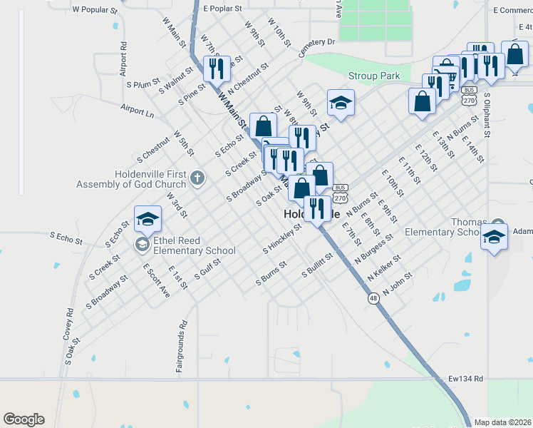 map of restaurants, bars, coffee shops, grocery stores, and more near 280 East Choctaw in Holdenville