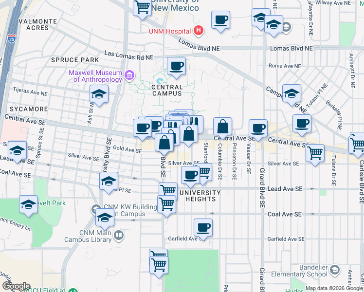 map of restaurants, bars, coffee shops, grocery stores, and more near 116 Harvard Drive Southeast in Albuquerque