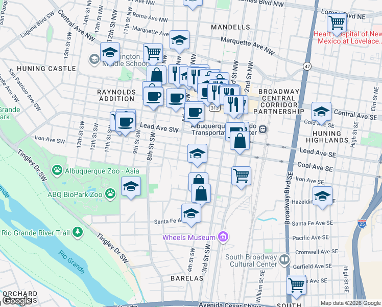map of restaurants, bars, coffee shops, grocery stores, and more near 505 5th Street Southwest in Albuquerque