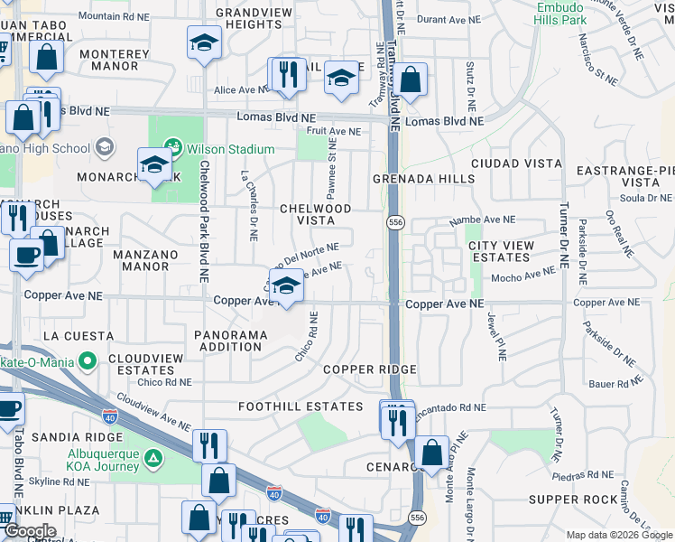 map of restaurants, bars, coffee shops, grocery stores, and more near 13308 Oriente Avenue Northeast in Albuquerque