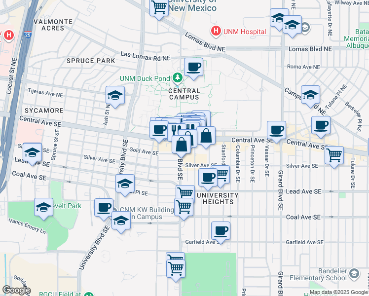 map of restaurants, bars, coffee shops, grocery stores, and more near 108 Yale Boulevard Southeast in Albuquerque