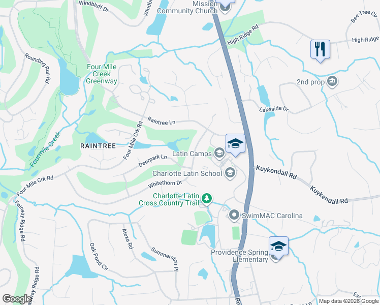 map of restaurants, bars, coffee shops, grocery stores, and more near 9508 Whitethorn Drive in Charlotte
