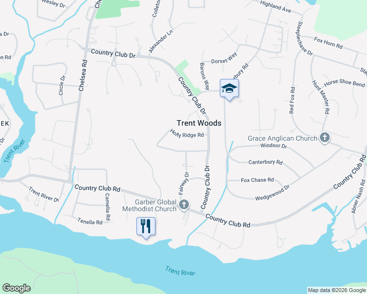 map of restaurants, bars, coffee shops, grocery stores, and more near 402 Fairway Drive in Trent Woods