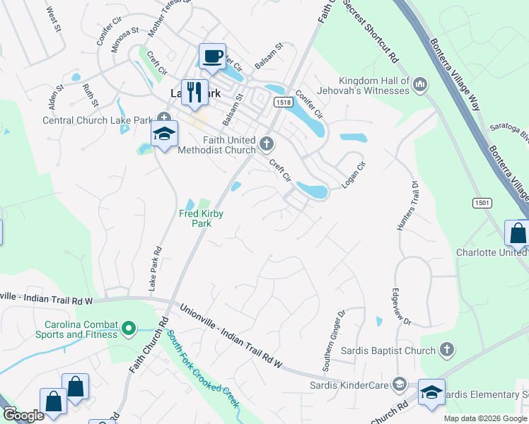 map of restaurants, bars, coffee shops, grocery stores, and more near 3609 Iris Street in Indian Trail