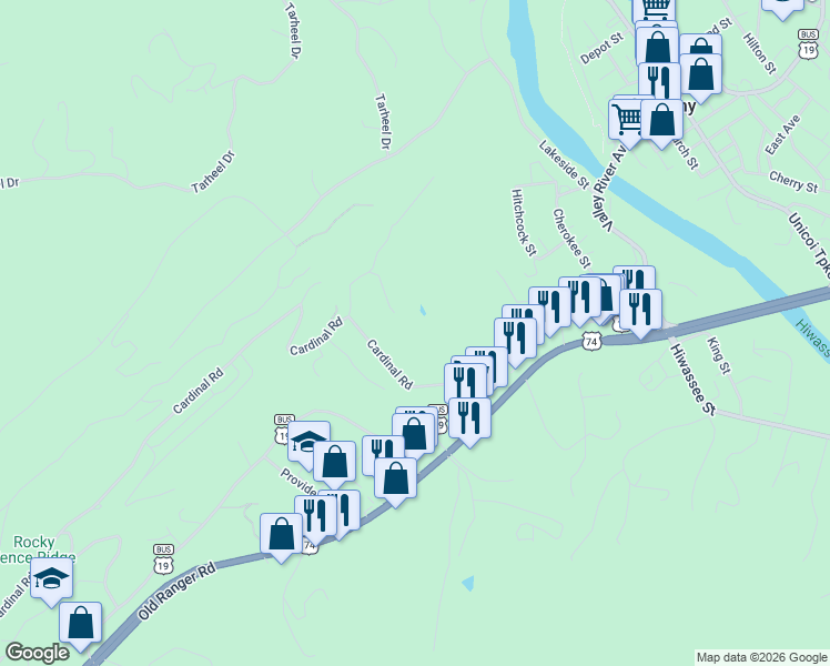 map of restaurants, bars, coffee shops, grocery stores, and more near 125 Wren Lane in Murphy