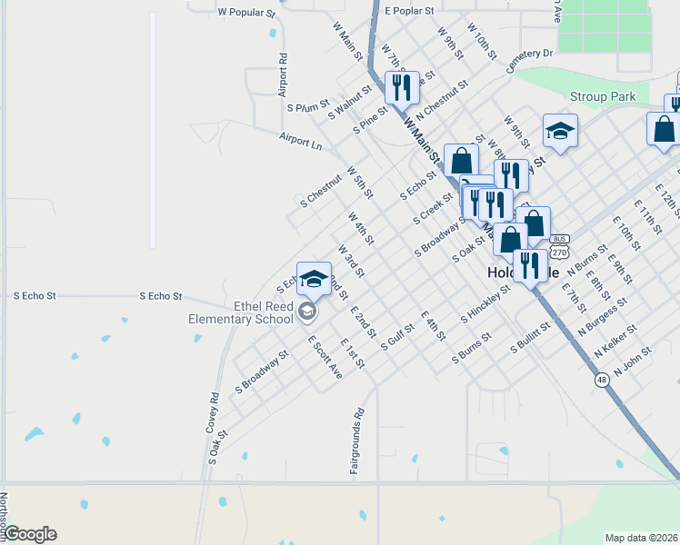 map of restaurants, bars, coffee shops, grocery stores, and more near 509 South Creek Street in Holdenville