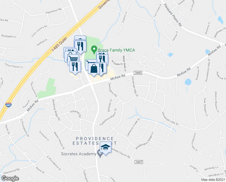 map of restaurants, bars, coffee shops, grocery stores, and more near 3239 Darlington Road in Matthews