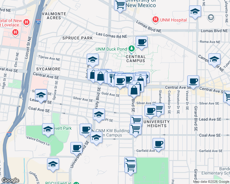 map of restaurants, bars, coffee shops, grocery stores, and more near 119 Terrace Street Southeast in Albuquerque