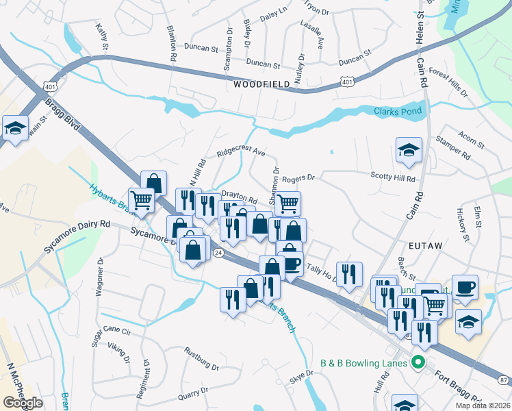 map of restaurants, bars, coffee shops, grocery stores, and more near 3509 Drayton Road in Fayetteville