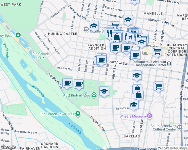 map of restaurants, bars, coffee shops, grocery stores, and more near 1016 Iron Avenue Southwest in Albuquerque