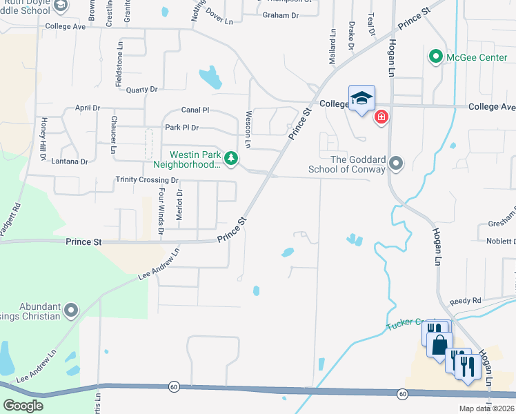 map of restaurants, bars, coffee shops, grocery stores, and more near 4725 Dave Ward Drive in Conway