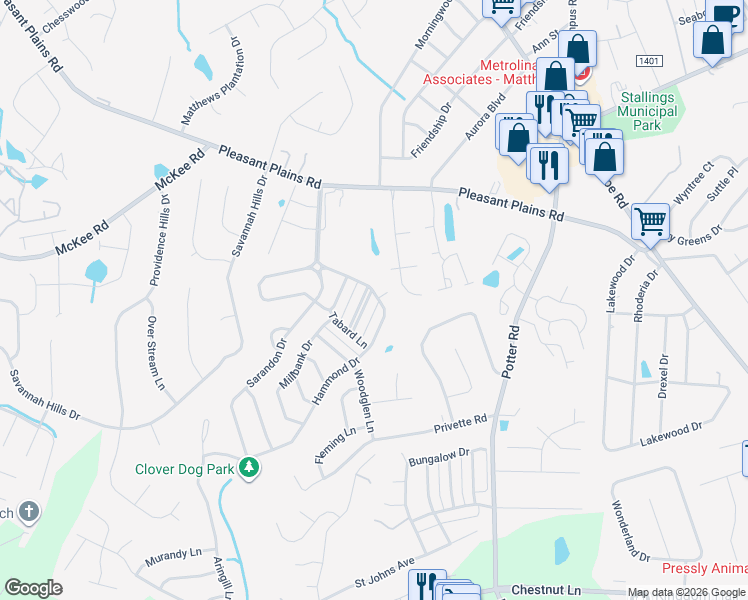 map of restaurants, bars, coffee shops, grocery stores, and more near 1111 Drummond Ln in Stallings