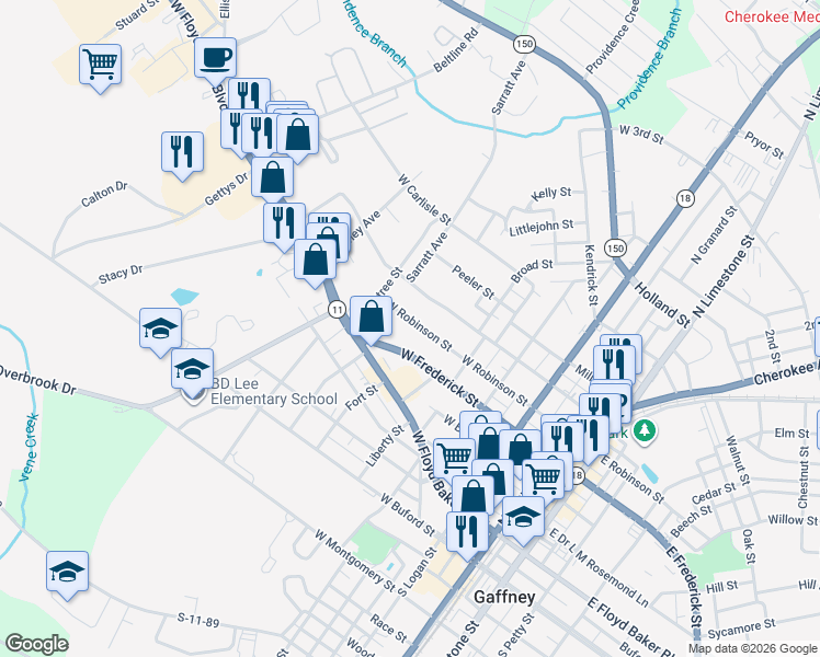 map of restaurants, bars, coffee shops, grocery stores, and more near 525 West Robinson Street in Gaffney